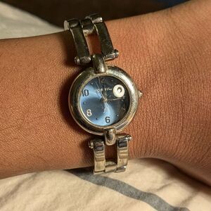 VINTAGE Fossil Stainless Steel Small Silver Watch Womens Blue Face